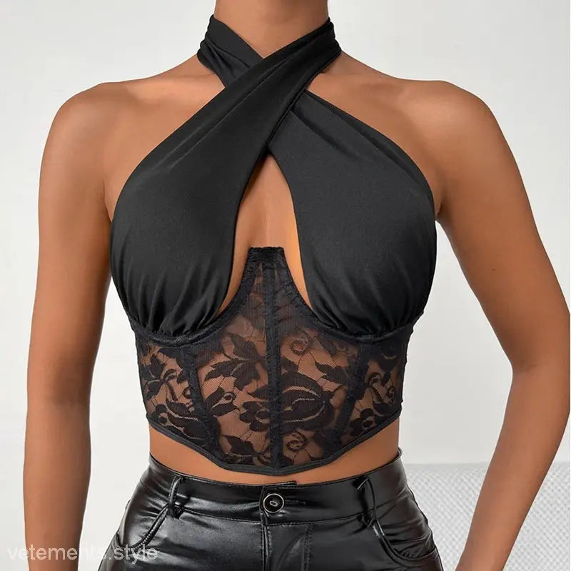 Black halter neck lace boning corset top with intricate stitching lace boning design