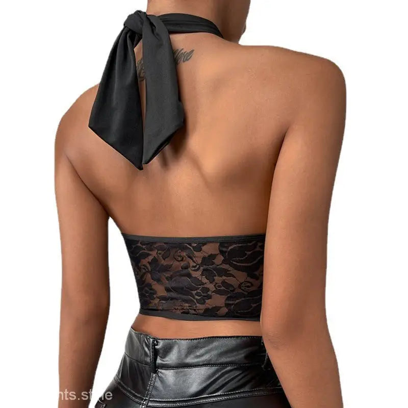 Black halter neck crop top with lace boning corset and stitching lace boning detail
