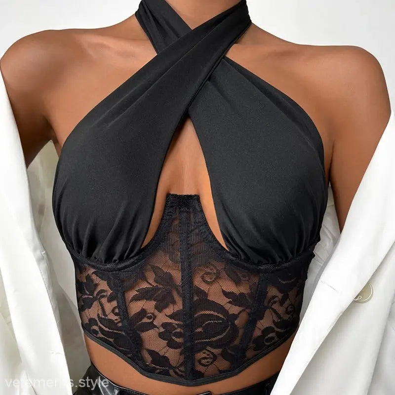 Black halter-neck top with lace boning corset, cut-out detail, and stitching lace boning