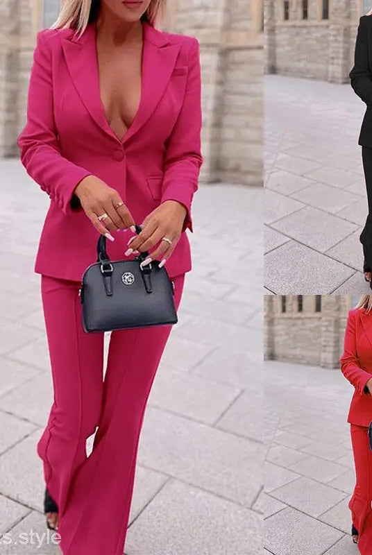 Vibrant women’s pantsuit in hot pink, black, and red for stylish candy business wear