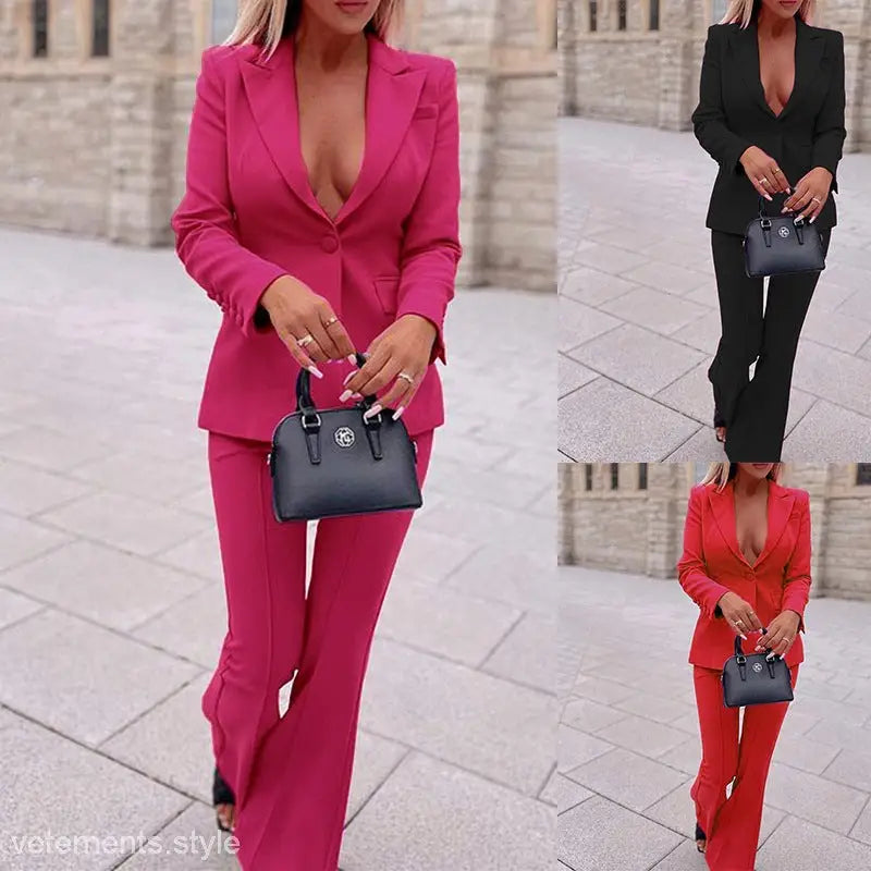 Vibrant women’s pantsuit in hot pink, black, and red for stylish candy business wear