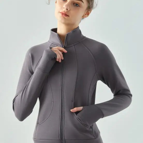 Gray zip-up athletic jacket with high collar and fitted silhouette in Haiyan Ash for Spring Fall