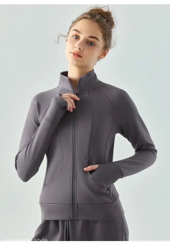 Gray zip-up athletic jacket with high collar and fitted silhouette in Haiyan Ash for Spring Fall