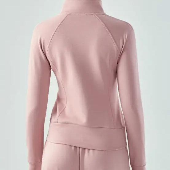 Pink athletic jacket back view showcasing Sporty Air Layer Coat in Linen Green and Haiyan Ash