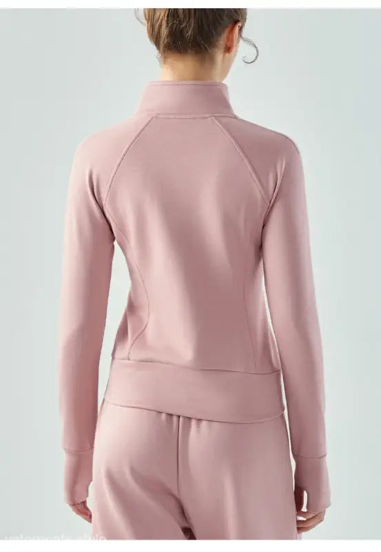 Pink athletic jacket back view showcasing Sporty Air Layer Coat in Linen Green and Haiyan Ash