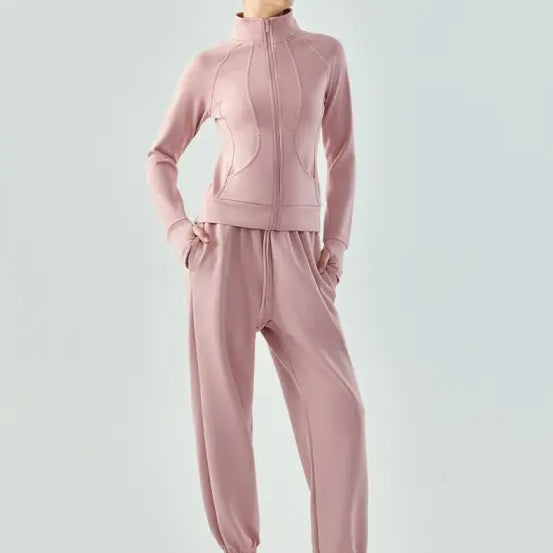 Pink tracksuit with zip-up jacket and jogger pants, part of the Sporty Air Layer Coat collection in Linen Green and Haiyan Ash for Spring/Fall