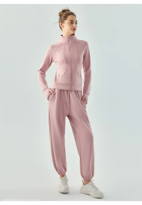 Pink tracksuit with zip-up jacket and jogger pants, part of the Sporty Air Layer Coat collection in Linen Green and Haiyan Ash for Spring/Fall