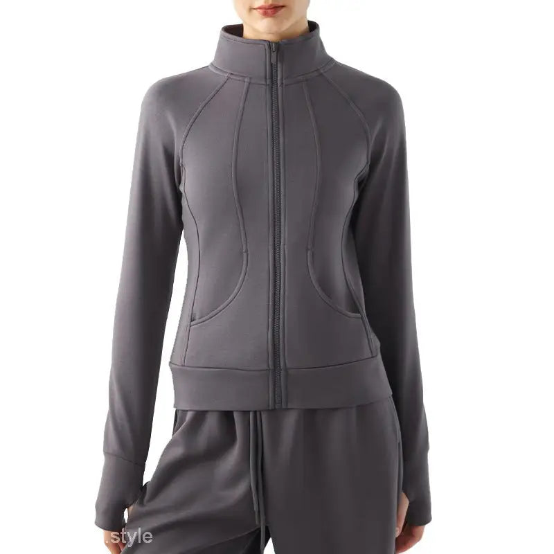 Gray zip-up athletic jacket in Haiyan Ash with high collar and fitted silhouette