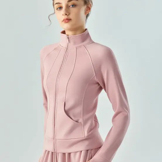 Pink zip-up turtleneck athletic jacket from Sporty Air Layer Coat in Linen Green and Haiyan Ash