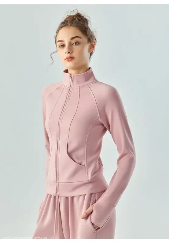 Pink zip-up turtleneck athletic jacket from Sporty Air Layer Coat in Linen Green and Haiyan Ash