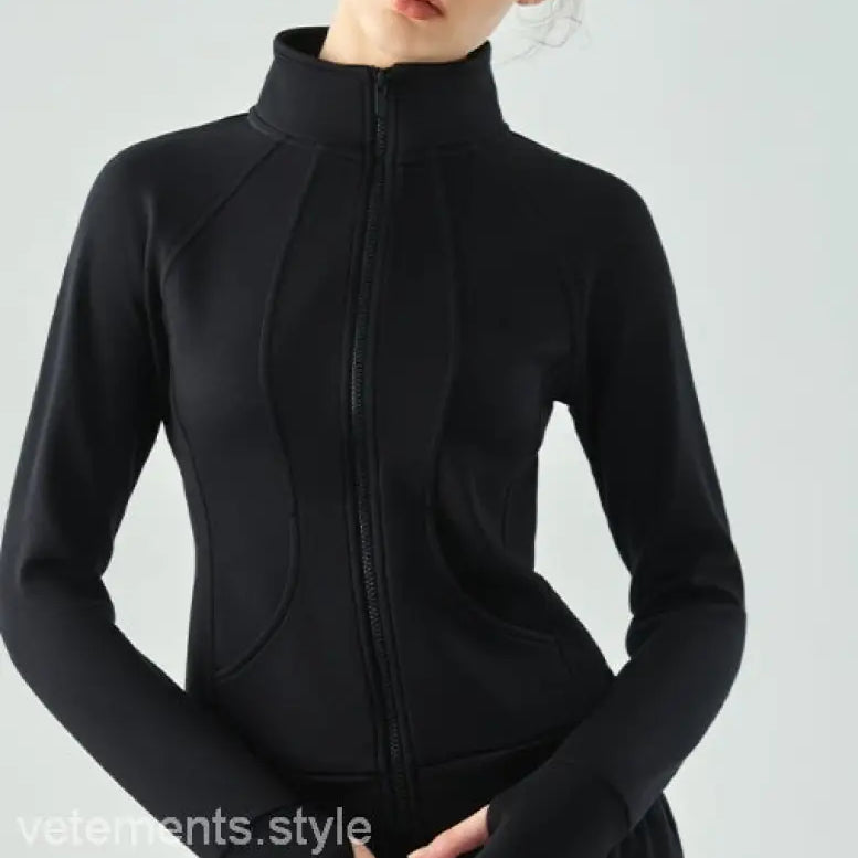 Black zip-up athletic jacket with high collar and fitted silhouette from Sporty Air Layer Coat in Linen Green and Haiyan Ash