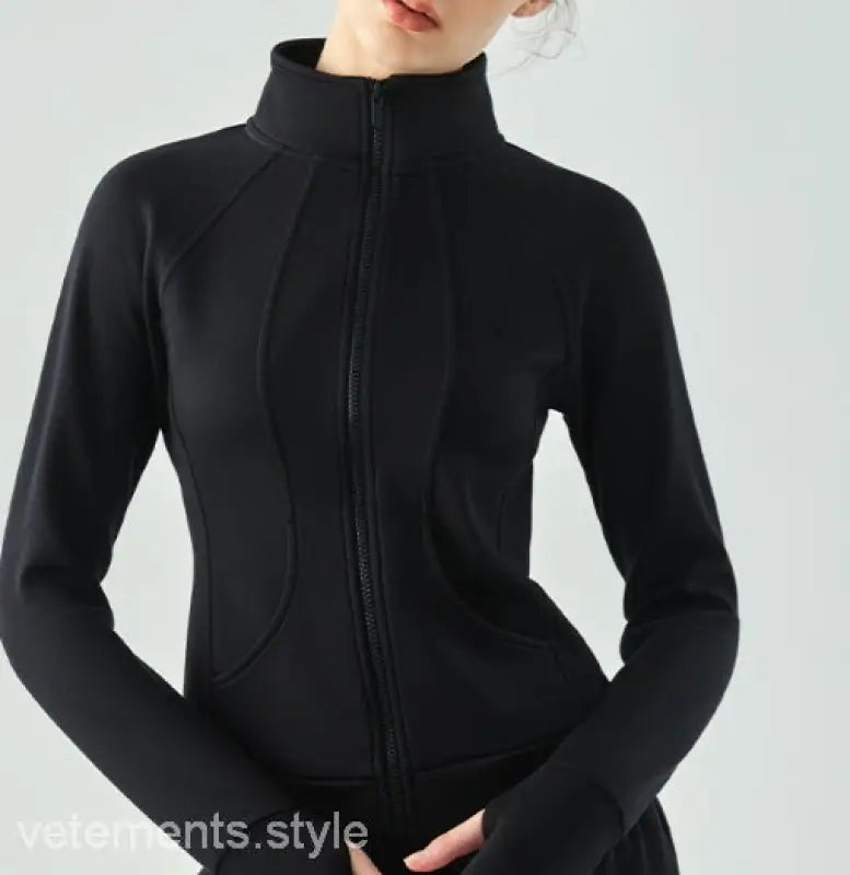 Black zip-up athletic jacket with high collar and fitted silhouette from Sporty Air Layer Coat in Linen Green and Haiyan Ash