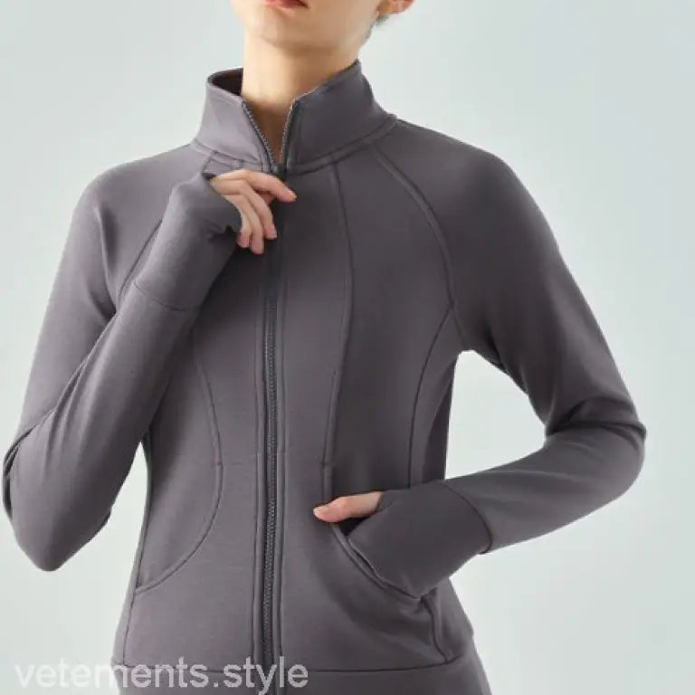 Gray zip-up athletic jacket with high collar, fitted design, in Haiyan Ash for Spring Fall
