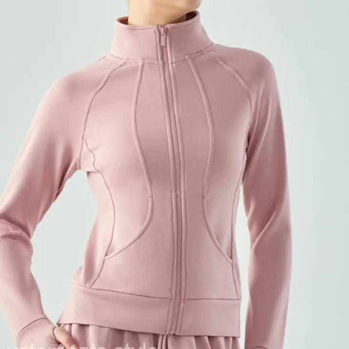Pink zip-up athletic jacket with high collar and contoured seams from Sporty Air Layer Coat in Linen Green and Haiyan Ash