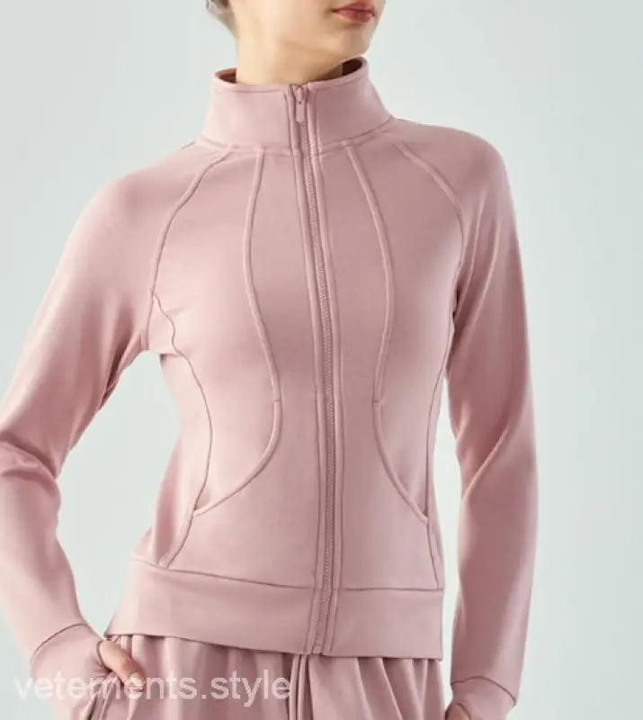 Pink zip-up athletic jacket with high collar and contoured seams from Sporty Air Layer Coat in Linen Green and Haiyan Ash