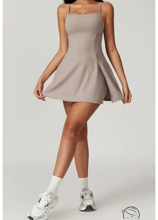 Beige spaghetti-strap mini dress in colored glaze blue and barbie pink