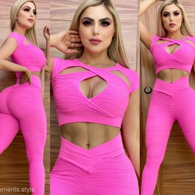 Summer Hollow Out Cutout Bright Elastic Breathable Yoga Exercise Workout Outfit Women
