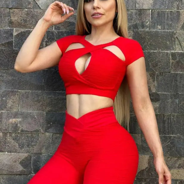 Summer Hollow Out Cutout Bright Elastic Breathable Yoga Exercise Workout Outfit Women