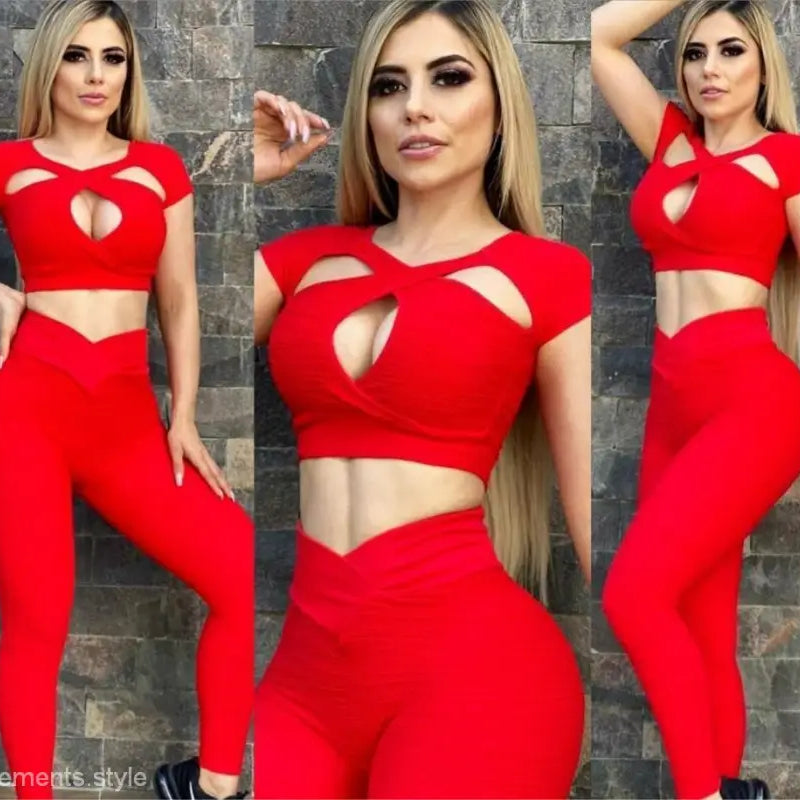 Summer Hollow Out Cutout Bright Elastic Breathable Yoga Exercise Workout Outfit Women