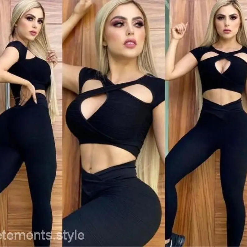 Summer Hollow Out Cutout Bright Elastic Breathable Yoga Exercise Workout Outfit Women