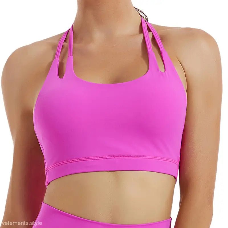 Bright pink fitness bra with double straps from the Sporty collection in Hydrangea Purple and Emerald Green