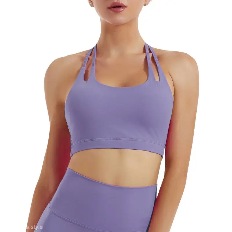Lavender halter fitness bra and matching high-waisted bottoms in Hydrangea Purple