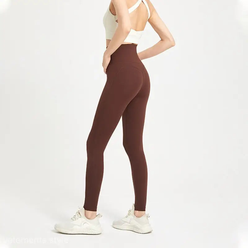 Sporty high rise wild berry color nylon pants with seamless brown leggings