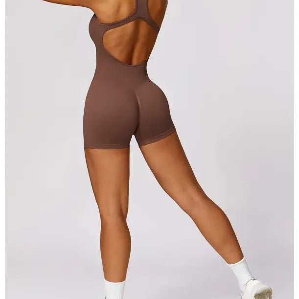 Brown athletic romper showcasing the Sporty High Rise Nylon Shorts in Volcanic Ash