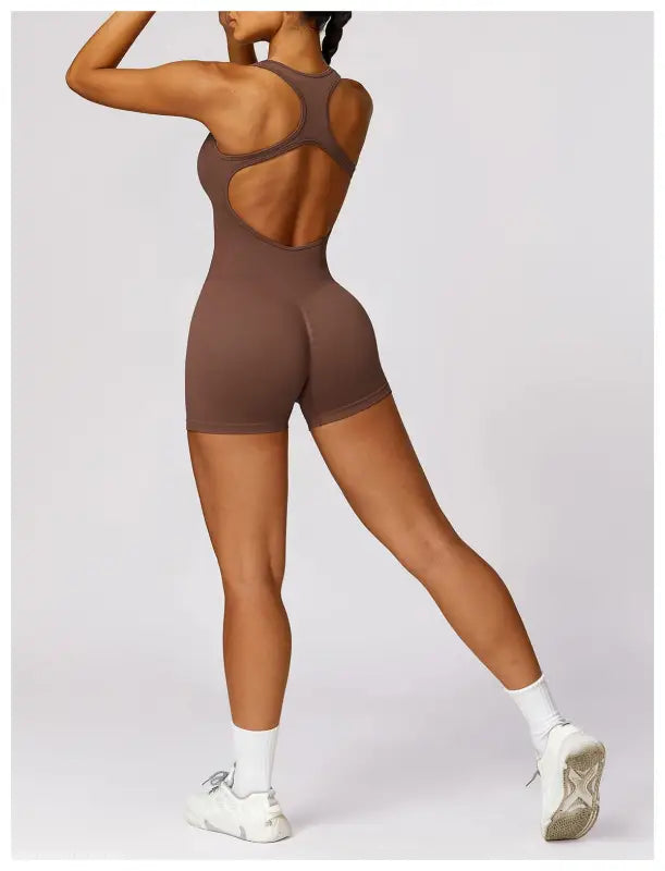 Brown athletic romper showcasing the Sporty High Rise Nylon Shorts in Volcanic Ash