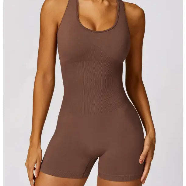 Brown racerback romper featured in Volcanic Ash for sporty active wear