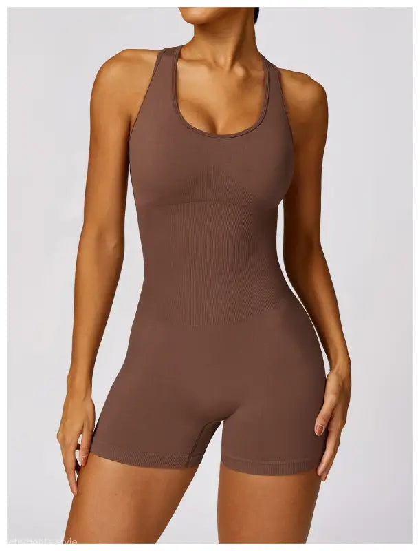 Brown racerback romper featured in Volcanic Ash for sporty active wear