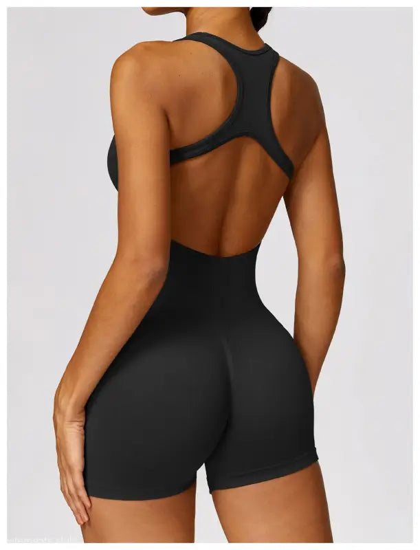 Black athletic romper in Volcanic Ash, perfect as a yoga bodysuit for active wear
