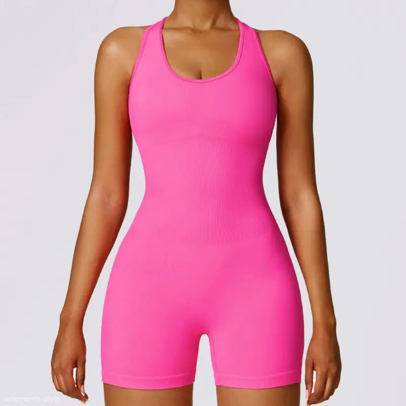 Pink Racerback Romper paired with Sporty High Rise Nylon Shorts in Volcanic Ash