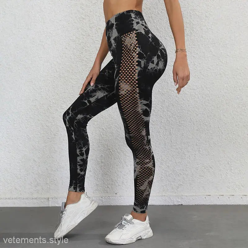 Sporty High Rise Tie Dye Nylon Fitness Pants in Black with mesh panels and patterns