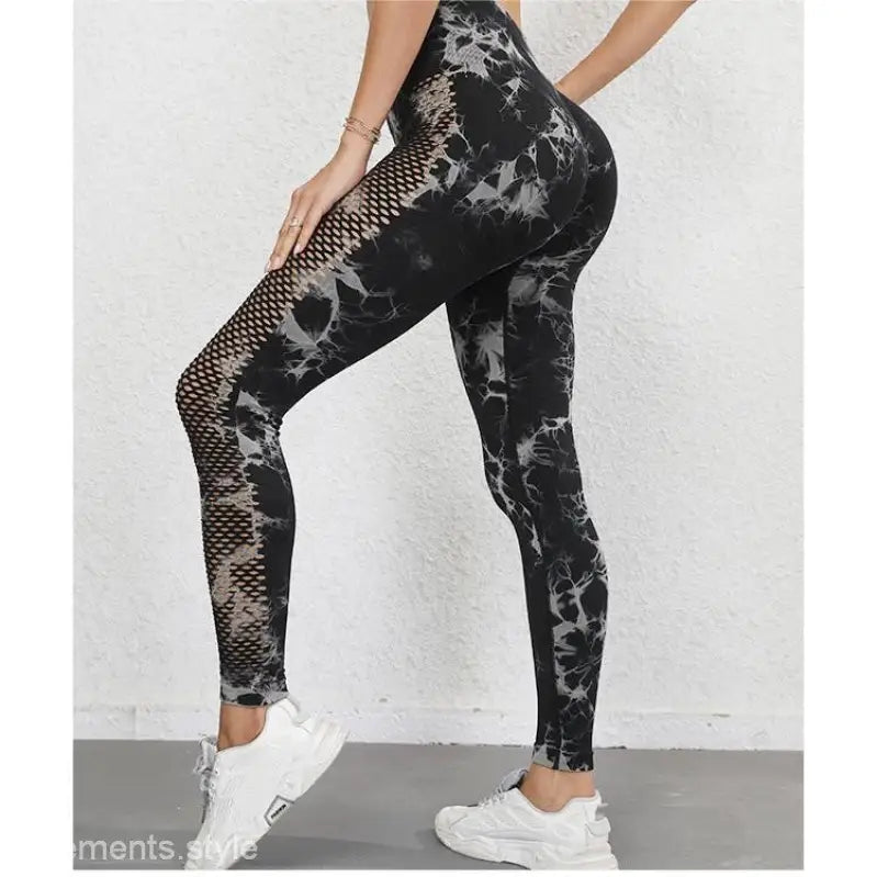 Black and gray tie-dye leggings with mesh panels, ideal black fitness pants for running