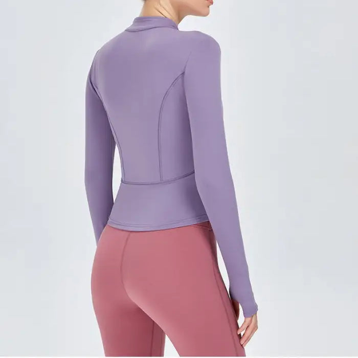 Lavender athletic jacket and leggings with Sporty Long Sleeve Nylon Tee in Phantom Black