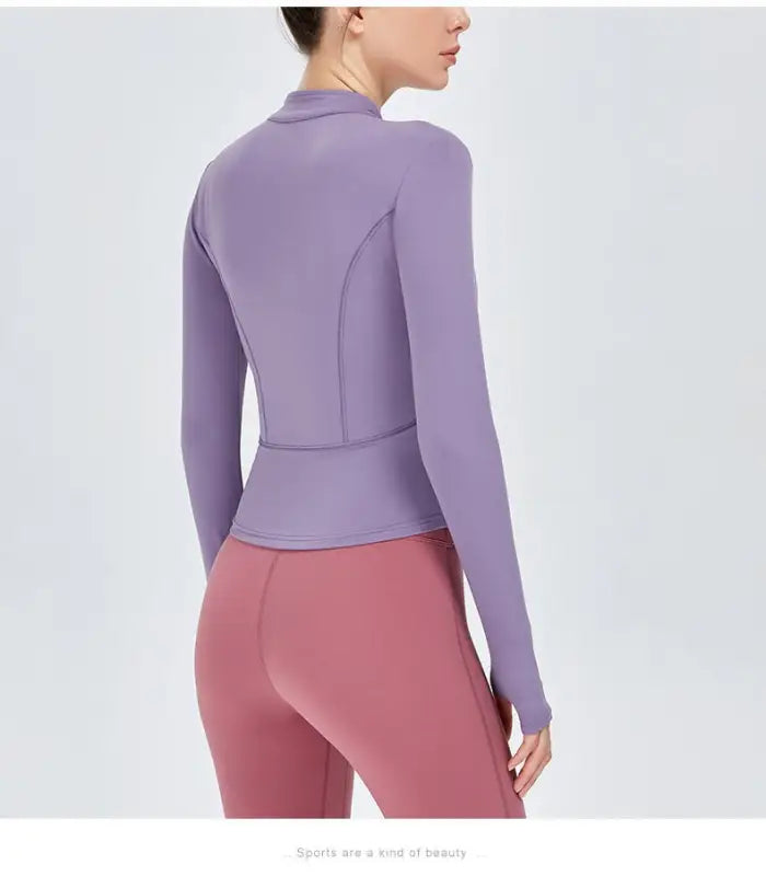 Lavender athletic jacket and leggings with Sporty Long Sleeve Nylon Tee in Phantom Black