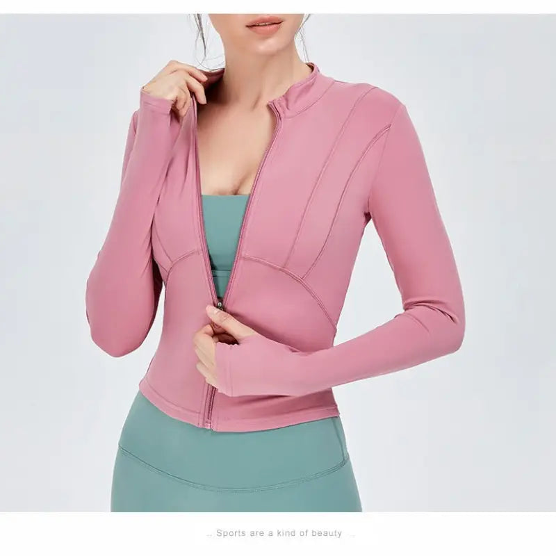 Pink athletic jacket with thumb holes from Sporty Long Sleeve Nylon Tee in Dark Gray Purple