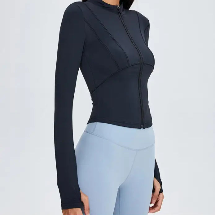 Black athletic zip-up jacket from Sporty Long Sleeve Nylon Tee in Phantom Black and Dark Gray Purple