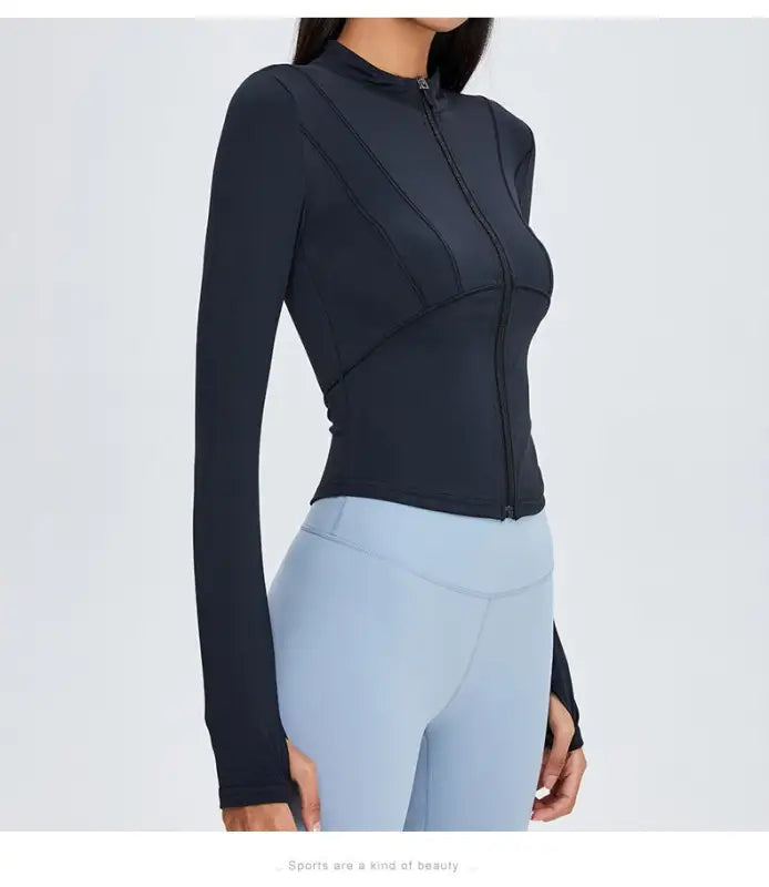 Black athletic zip-up jacket from Sporty Long Sleeve Nylon Tee in Phantom Black and Dark Gray Purple