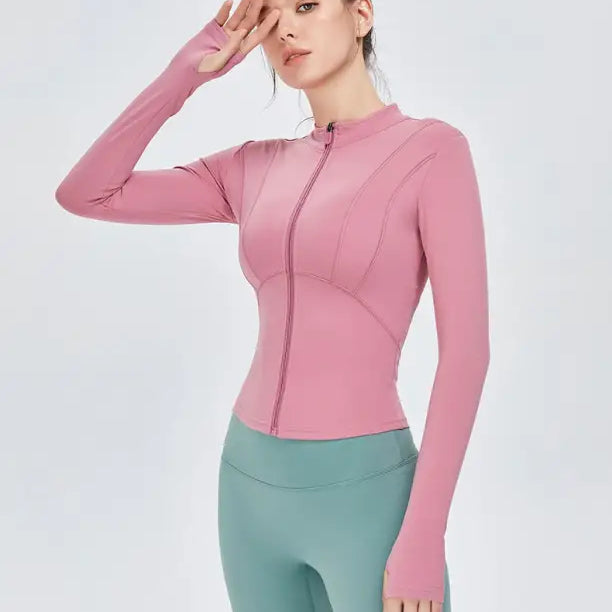 Pink athletic zip-up jacket from Sporty Long Sleeve Nylon Tee in Rouge Pink Carmine