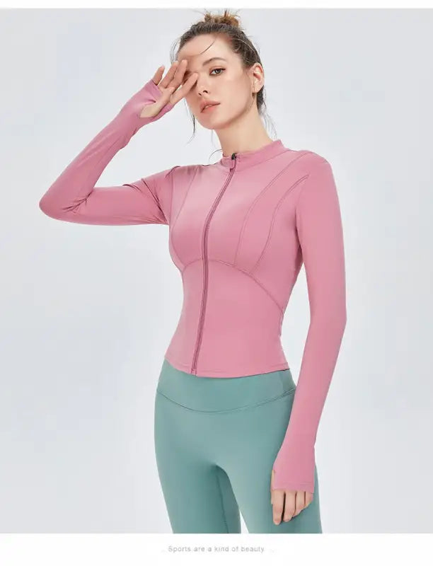 Pink athletic zip-up jacket from Sporty Long Sleeve Nylon Tee in Rouge Pink Carmine