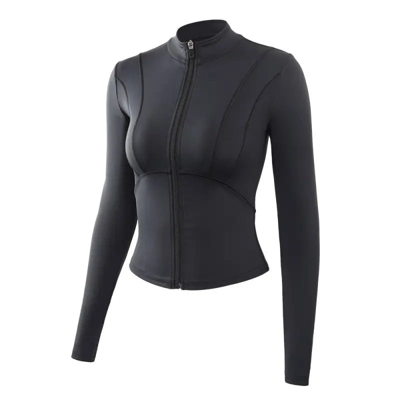 Black long-sleeved zippered athletic jacket from Sporty Long Sleeve Nylon Tee in Phantom Black or Dark Gray Purple