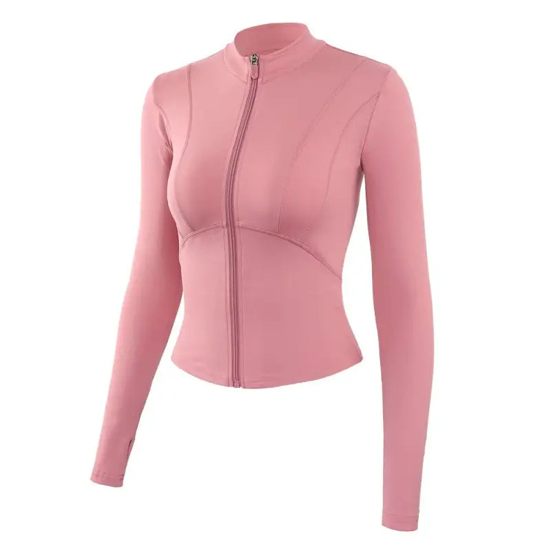 Pink long-sleeved zip-up jacket from the Sporty Long Sleeve Nylon Tee in Rouge Pink Carmine