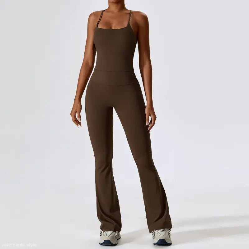 Brown sleeveless flared jumpsuit with spaghetti straps featured with Trousers Camel Brown and Bean Green