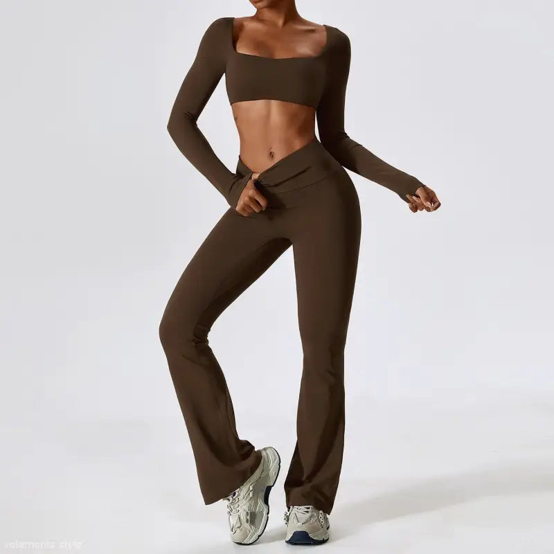 Brown long sleeve trousers and flared pants workout set with white sneakers