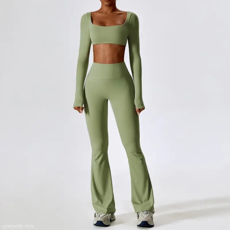 Sage green two-piece workout set featuring long sleeve trousers in Camel Brown and Bean Green