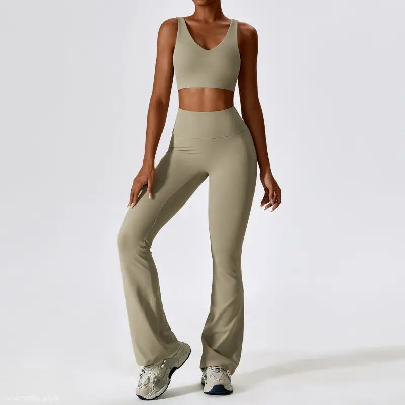 Sage green workout set with sports bra and flared yoga pants for long sleeve trousers