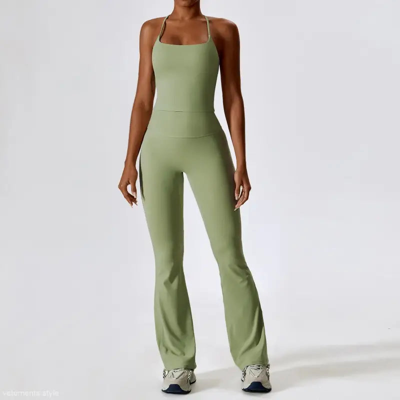 Sage green fitted jumpsuit paired with Sporty Long Sleeve Trousers in Camel Brown and Bean Green