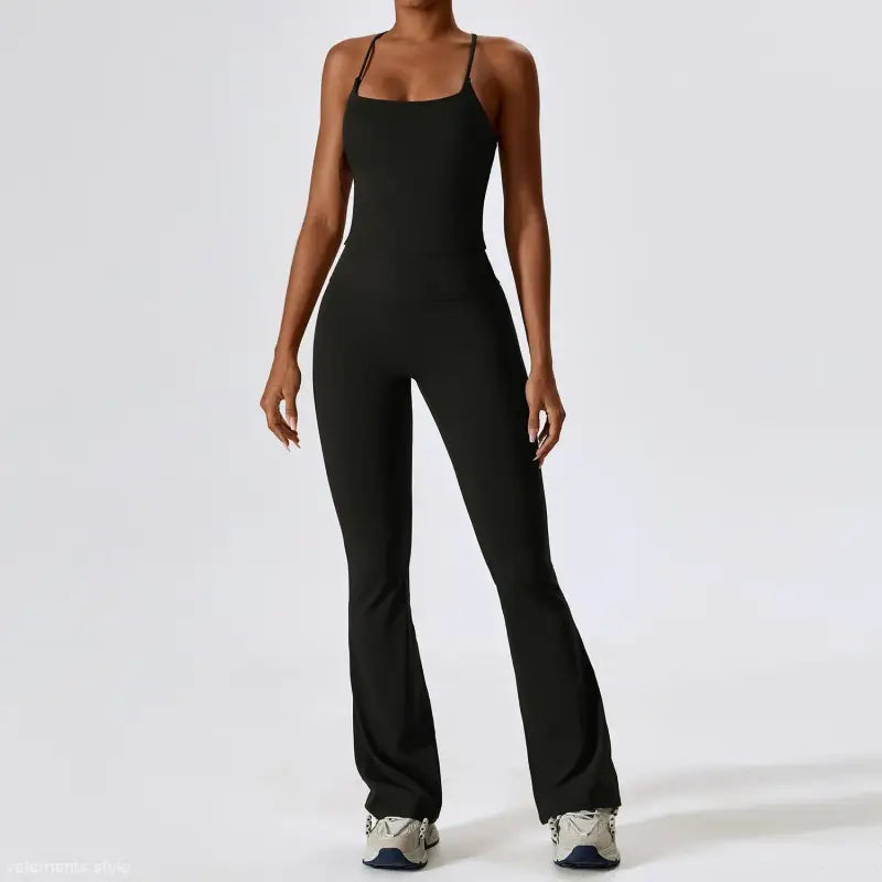 Black sleeveless flared jumpsuit complements Sporty Long Sleeve Trousers in Camel Brown and Bean Green